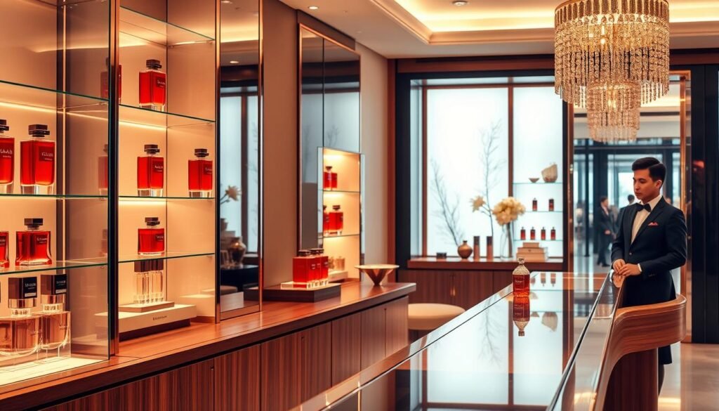 A high-end perfume counter in a luxurious department store, with elegant glass display shelves showcasing the alluring Floratta Red bottles. Soft, warm lighting casts a flattering glow, highlighting the bottle's rich, crimson hue. The counter is made of sleek, polished wood, and a well-dressed sales assistant stands ready to assist customers. The background features a tasteful, minimalist decor with subtle floral accents, creating an inviting and sophisticated atmosphere. The entire scene exudes an air of exclusivity and refinement, perfectly reflecting the luxurious nature of the Floratta Red perfume. A high-end perfume counter in a luxurious department store, with elegant glass display shelves showcasing the alluring Floratta Red bottles. Soft, warm lighting casts a flattering glow, highlighting the bottle's rich, crimson hue. The counter is made of sleek, polished wood, and a well-dressed sales assistant stands ready to assist customers. The background features a tasteful, minimalist decor with subtle floral accents, creating an inviting and sophisticated atmosphere. The entire scene exudes an air of exclusivity and refinement, perfectly reflecting the luxurious nature of the Floratta Red perfume.